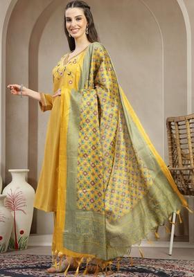 Mustard Embroidered Viscose Kurta Set