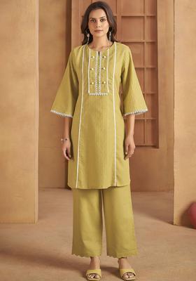 Yellow Woven Design Cotton Kurta Set