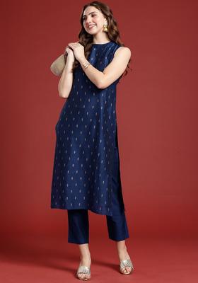 Navy Blue Printed Silk Blend Kurta Set