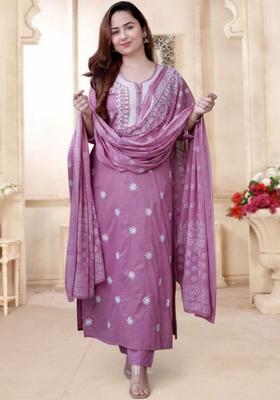 Lavender Embroidered Viscose Kurta Set
