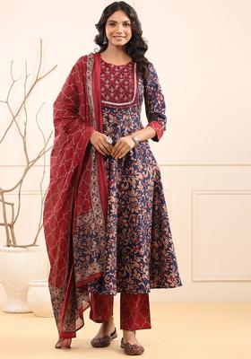 Navy Blue Embroidered Cotton Kurta Set