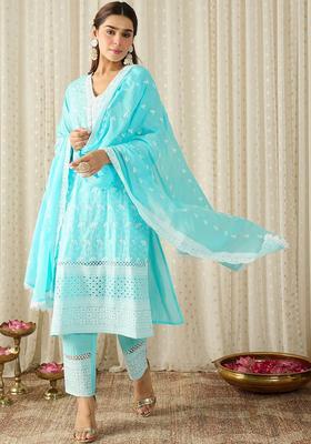 Turquoise Blue Embroidered Cotton Kurta Set
