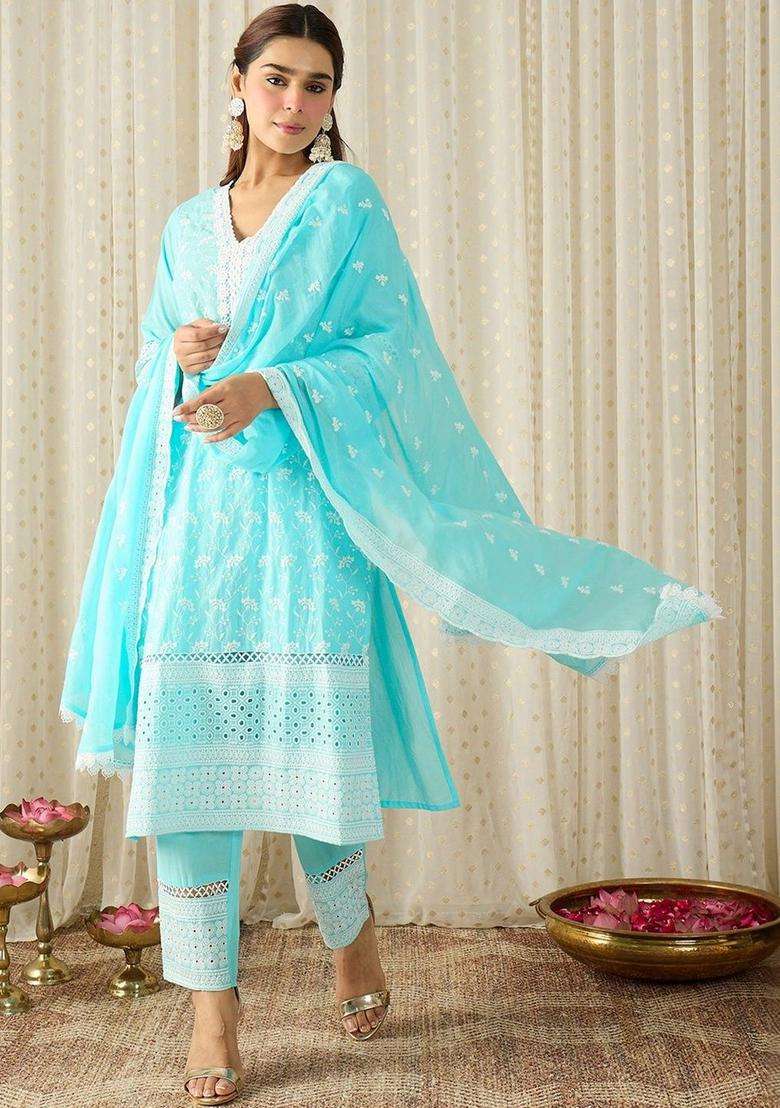 Turquoise Blue Embroidered Cotton Kurta Set - Indya