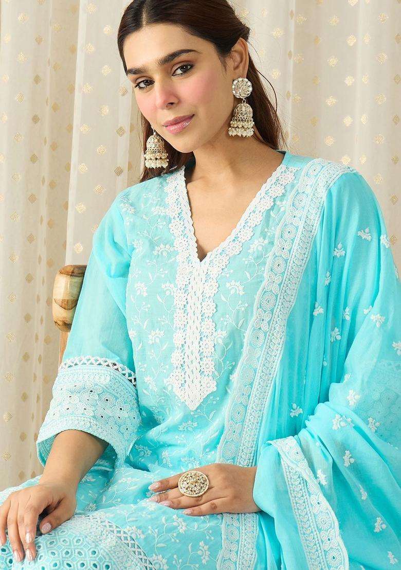 Turquoise Blue Embroidered Cotton Kurta Set - Indya
