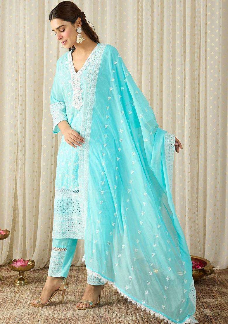 Turquoise Blue Embroidered Cotton Kurta Set - Indya