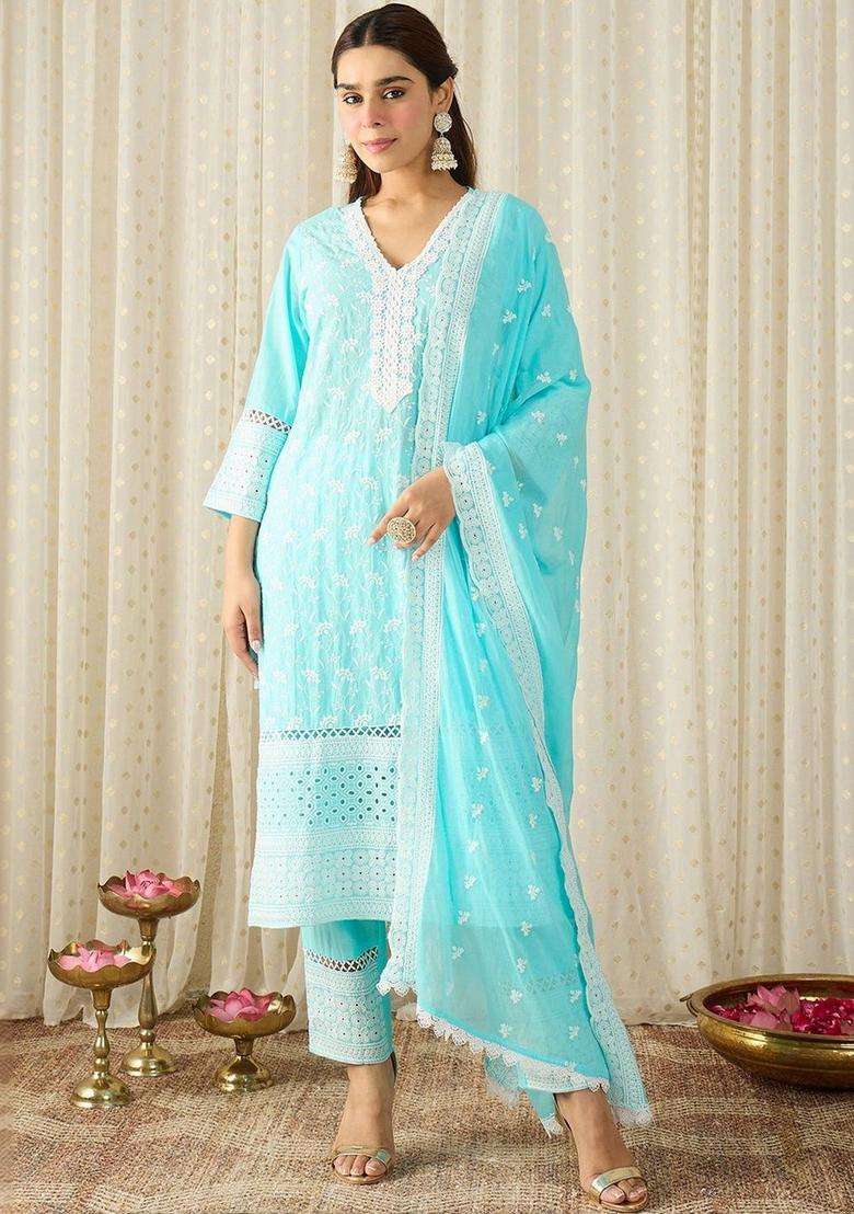 Turquoise Blue Embroidered Cotton Kurta Set - Indya