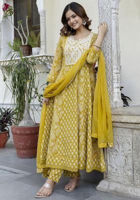 Yellow Embroidered Cotton Anarkali Set