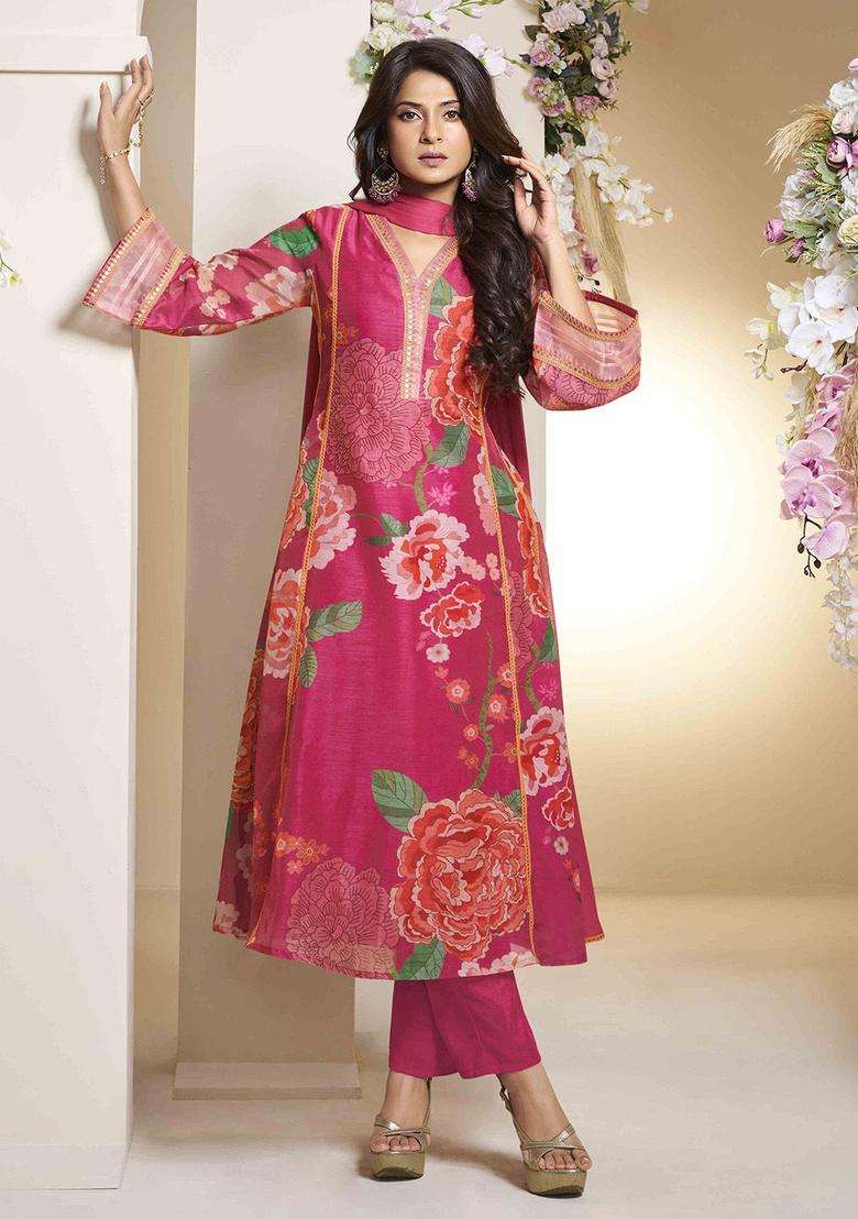 Pink Printed Silk Blend Anarkali Set - Indya