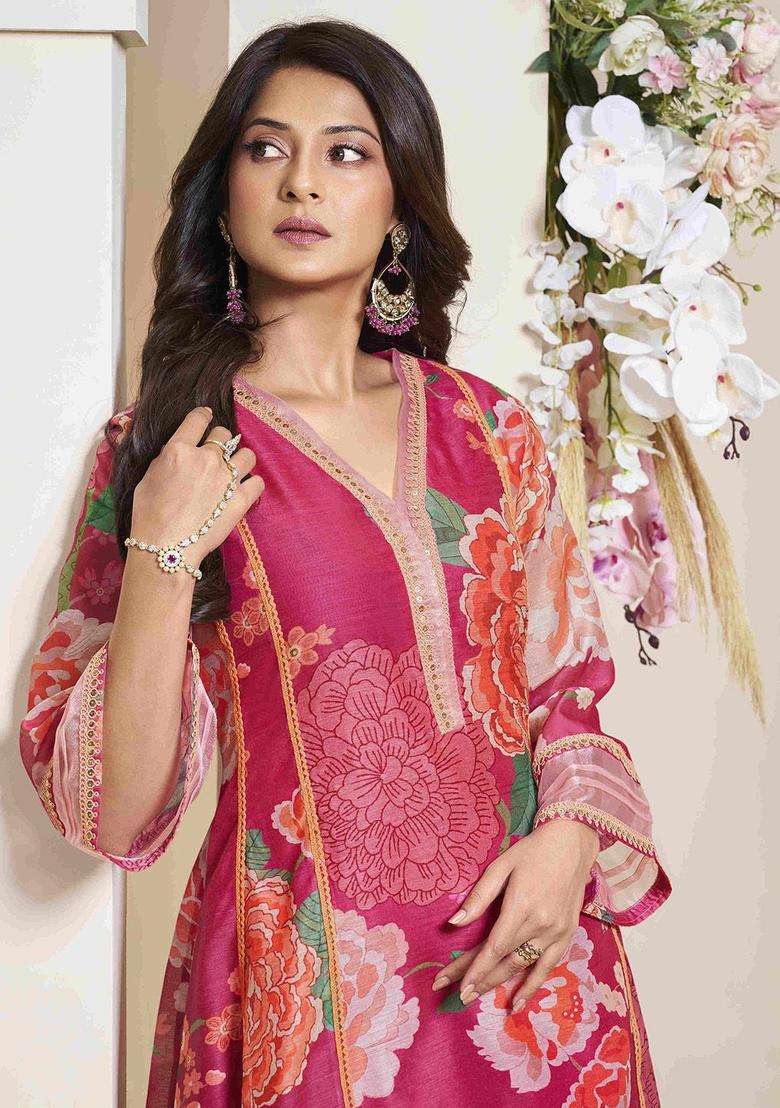 Pink Printed Silk Blend Anarkali Set - Indya