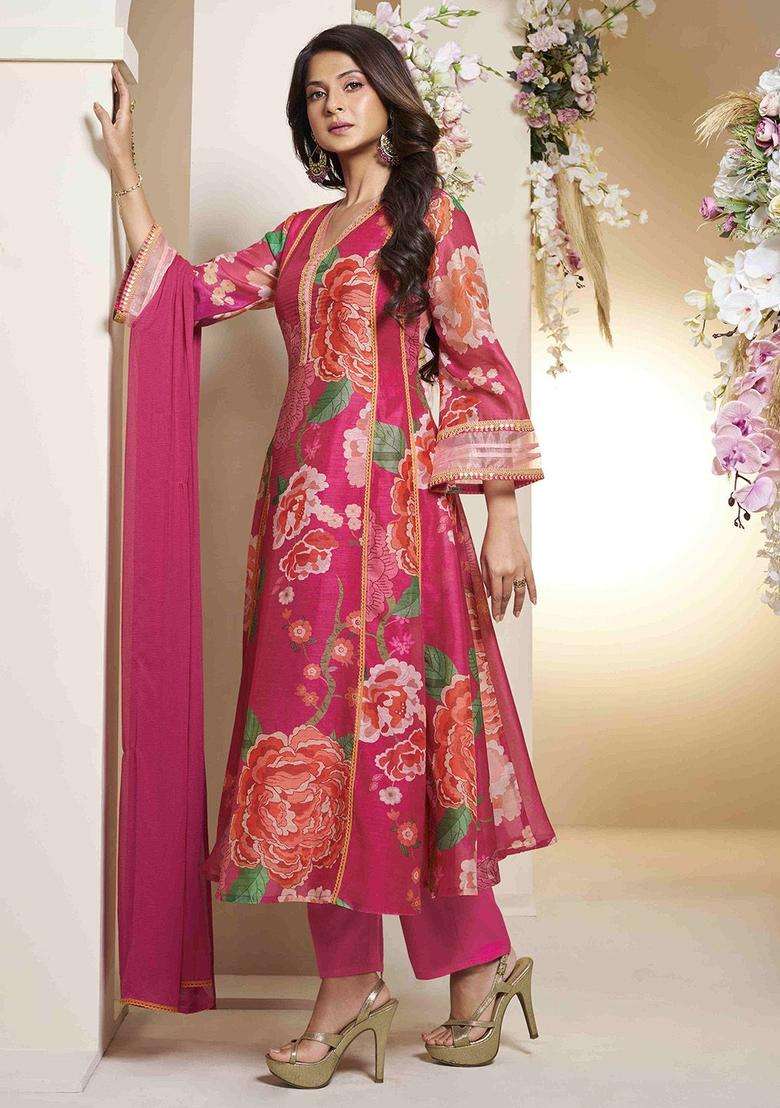 Pink Printed Silk Blend Anarkali Set - Indya