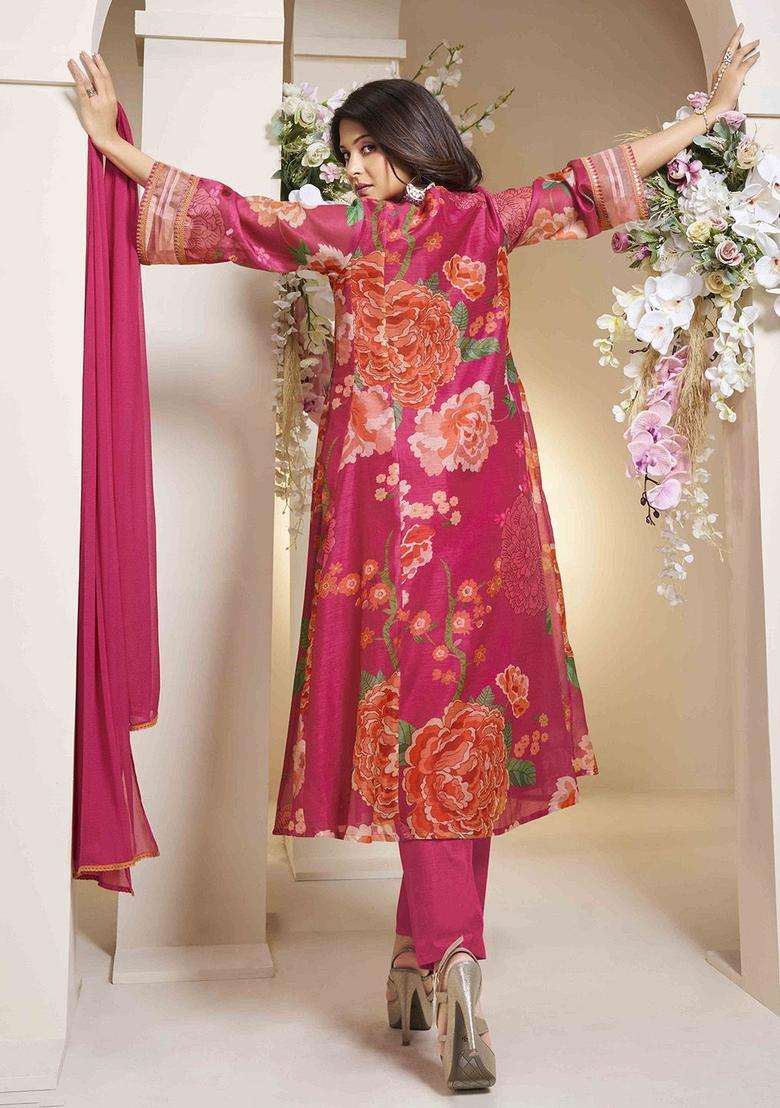 Pink Printed Silk Blend Anarkali Set - Indya