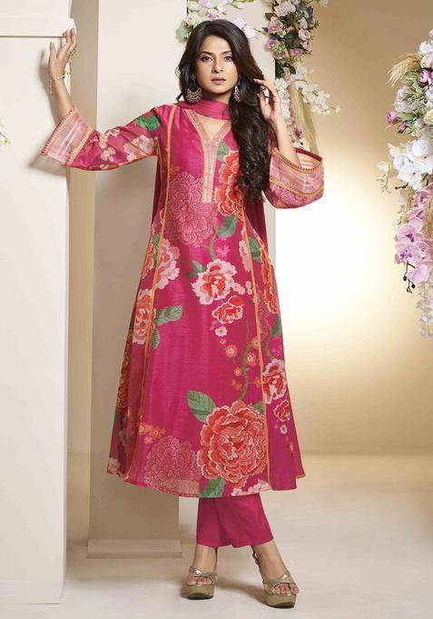 Pink Printed Silk Anarkali Set — view on Indya