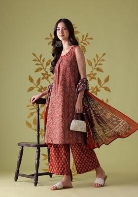 Rust Printed Cotton Kurta Set