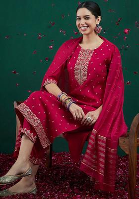 Magenta Embroidered Silk Blend Kurta Set