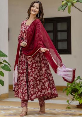 Red Printed Cotton Anarkali Set