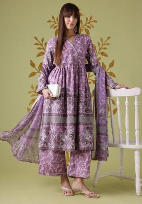 Mauve Printed Cotton Kurta Set