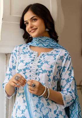 Turquoise Blue Printed Cotton Kurta Set
