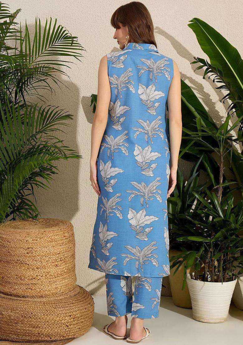 Blue Printed Linen Kurta Set - Indya