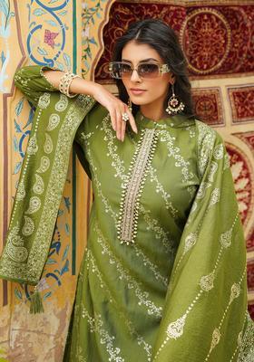 Olive Printed Silk Blend Kurta Set
