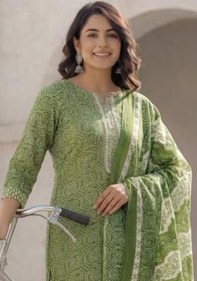 Lime Green Printed Cotton Kurta Set