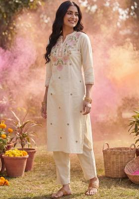 Beige Embroidered Cotton Kurta Set