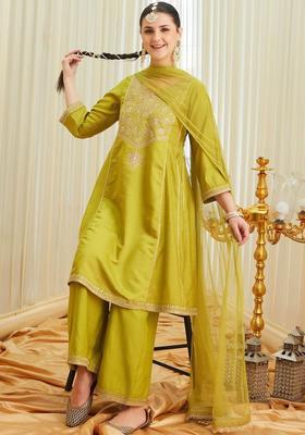 Lime Green Embroidered Silk Blend Kurta Set