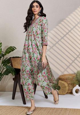 Sea Green Printed Cotton Kurta Set
