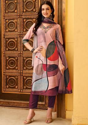 Lavender Embroidered Cotton Kurta Set