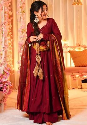 Maroon Printed Silk Blend Kurta Set