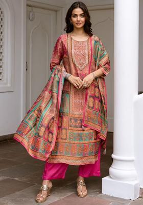 Pink Printed Organza Kurta Set