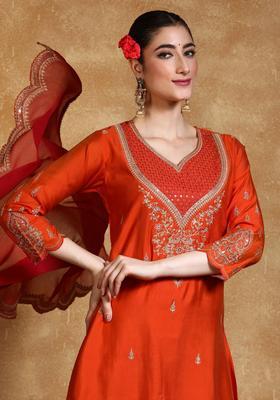 Rust Embroidered Silk Blend Kurta Set