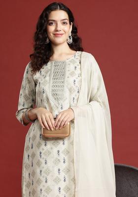 Off White Printed Polyester Kurta Set