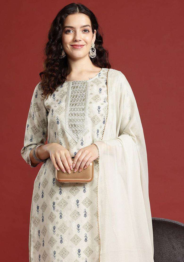 Off White Printed Polyester Kurta Set - Indya