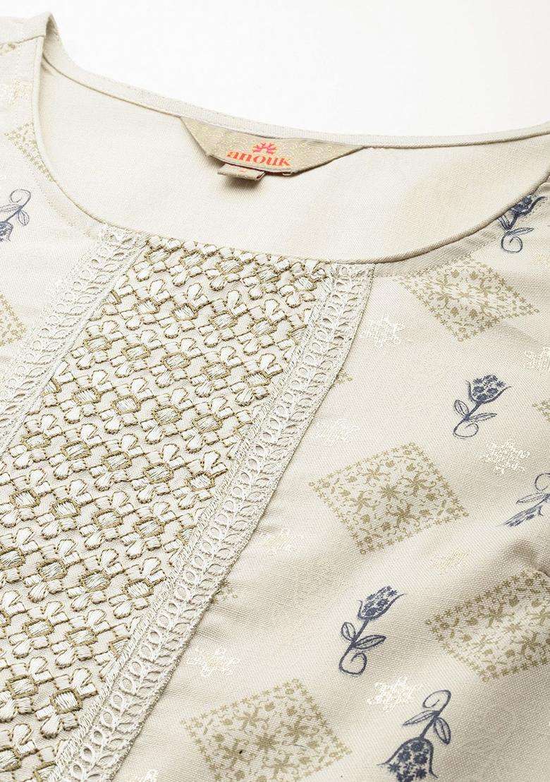 Off White Printed Polyester Kurta Set - Indya