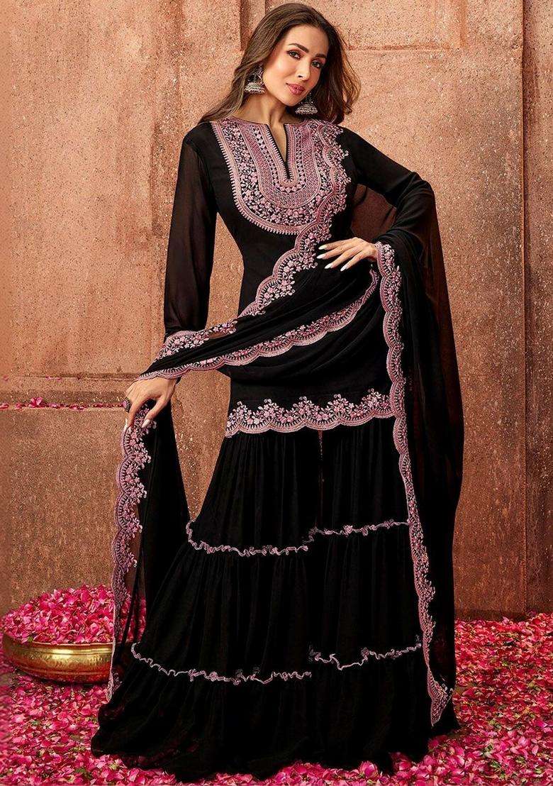 Black Embroidered Georgette Sharara Set - Indya