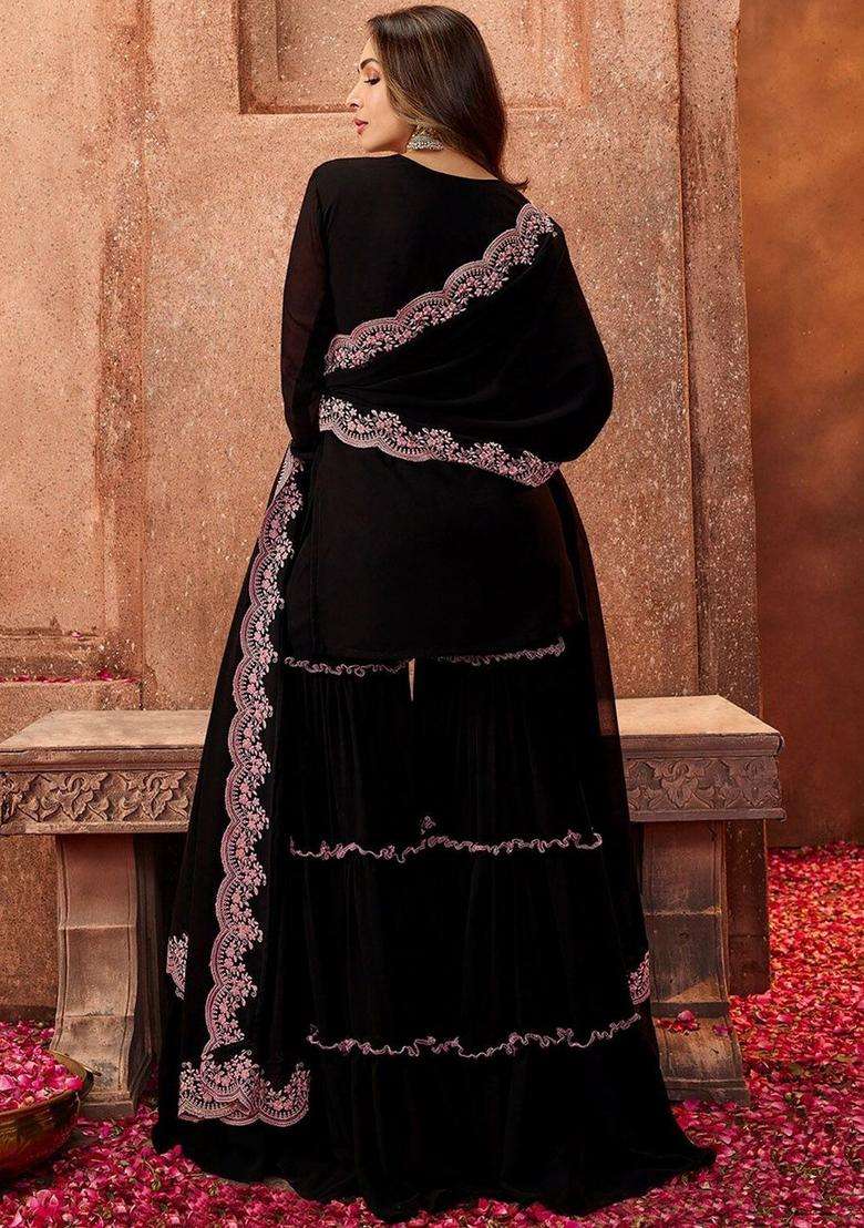 Black Embroidered Georgette Sharara Set - Indya