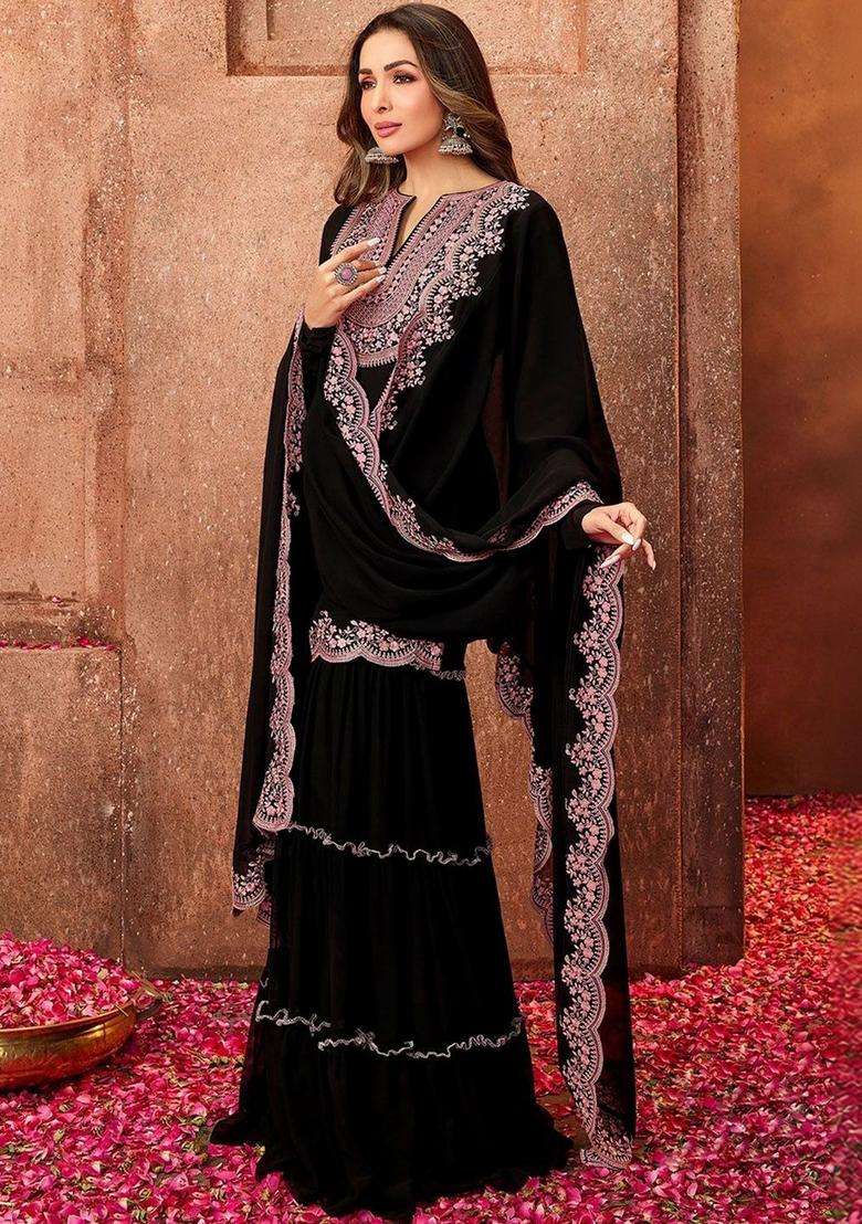 Black Embroidered Georgette Sharara Set - Indya