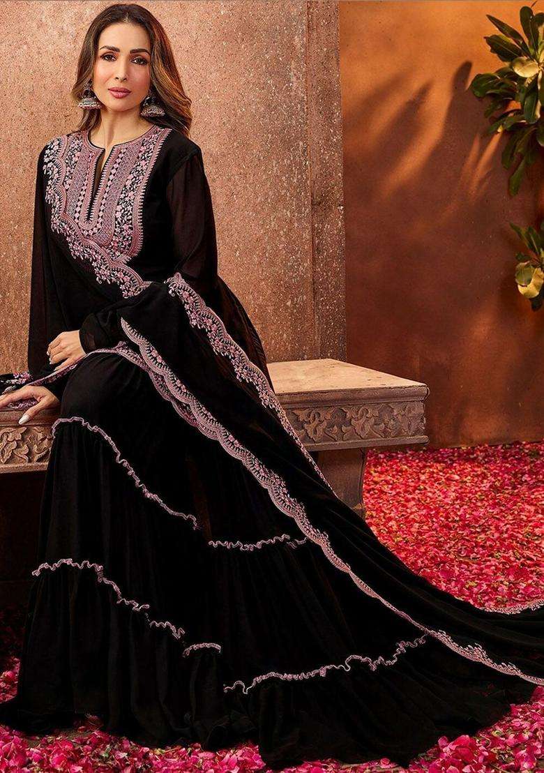 Black Embroidered Georgette Sharara Set - Indya