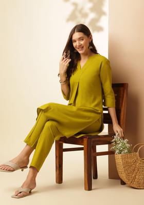 Lime Green Solid Cotton Kurta Set