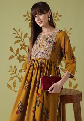 Mustard Printed Viscose Kurta Set