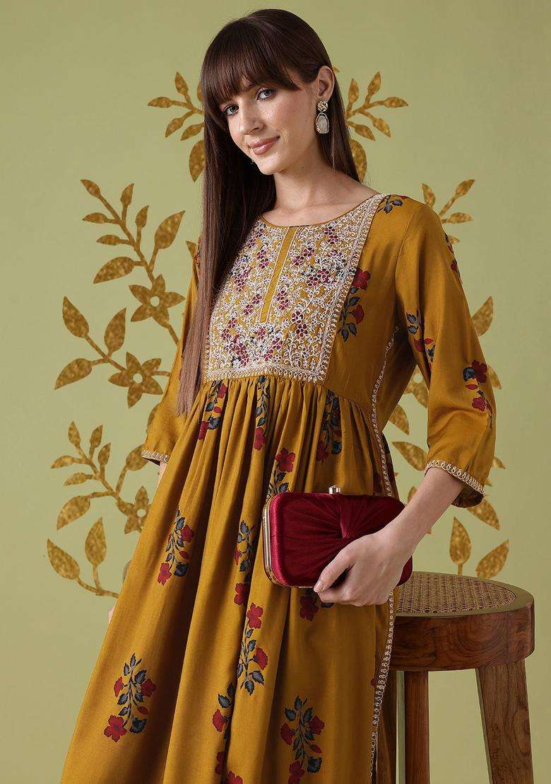 Mustard Printed Viscose Kurta Set - Indya