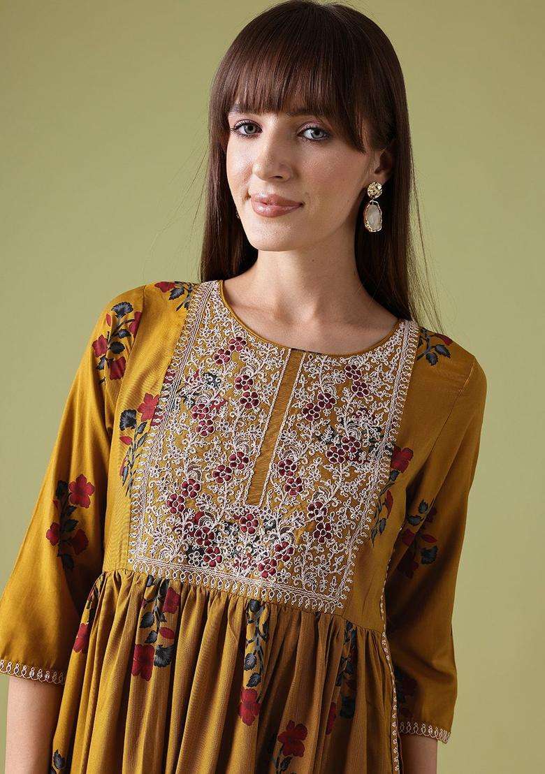 Mustard Printed Viscose Kurta Set - Indya