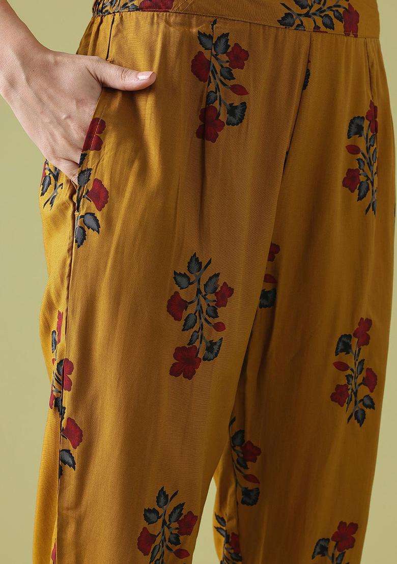 Mustard Printed Viscose Kurta Set - Indya