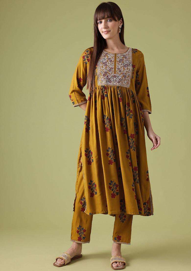Mustard Printed Viscose Kurta Set - Indya