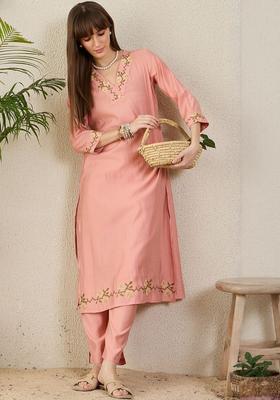 Peach Embroidered Cotton Kurta Set