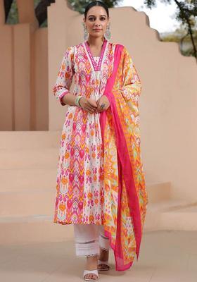 Orange Printed Cotton Kurta Set