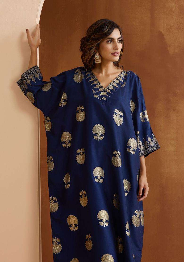 Navy Blue Printed Chinon Kurta Set - Indya