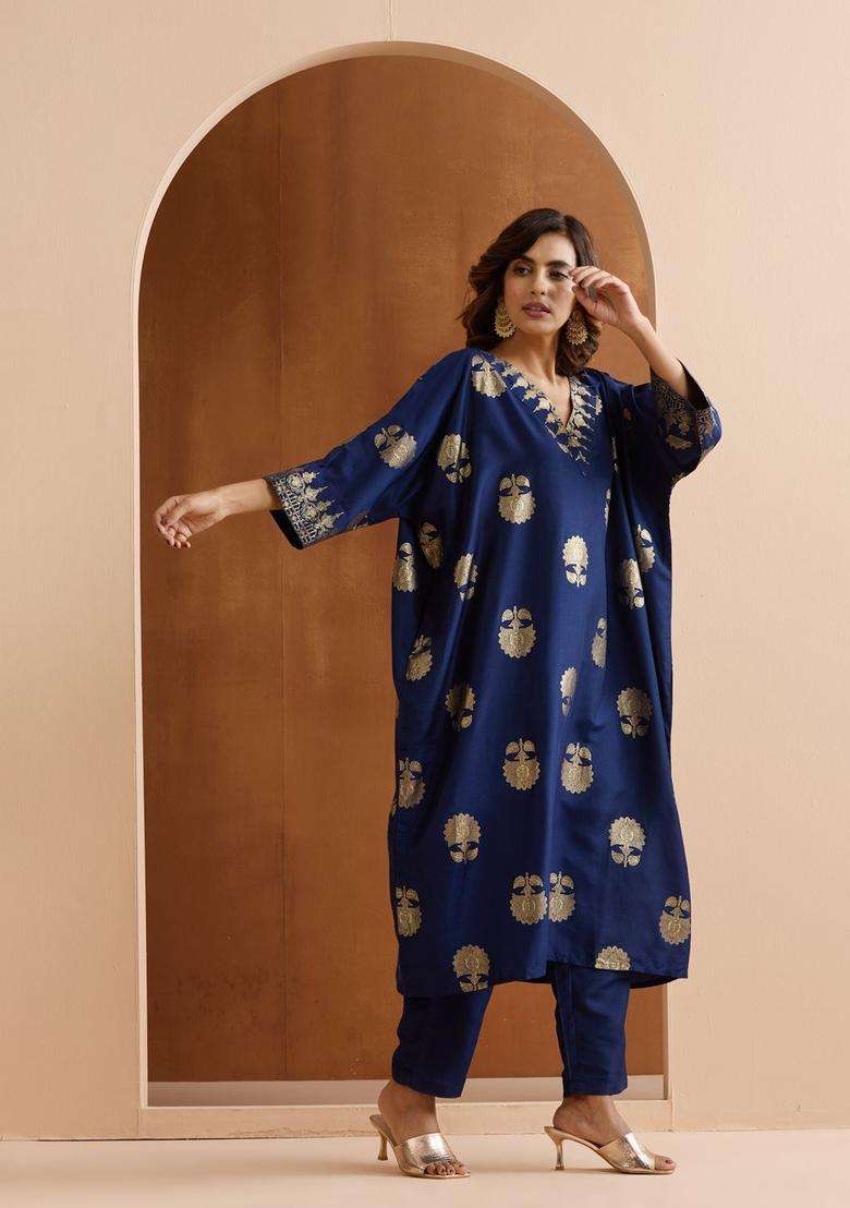Navy Blue Printed Chinon Kurta Set - Indya