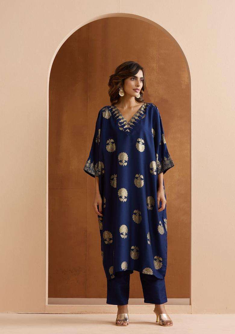 Navy Blue Printed Chinon Kurta Set - Indya