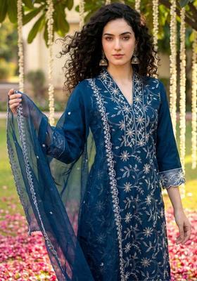 Navy Blue Embroidered Cotton Kurta Set